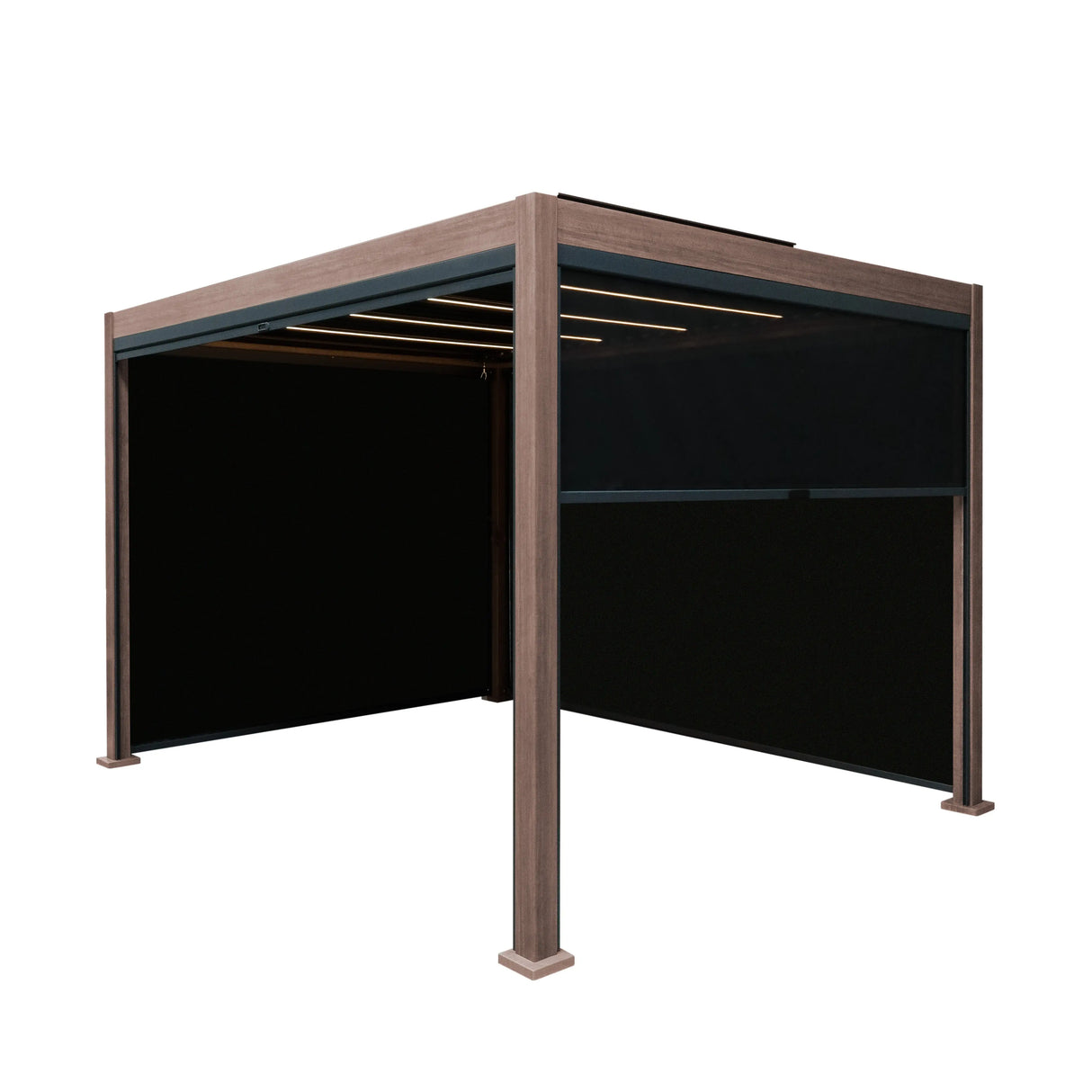 Wood Effect Aluminium Pergola With Blinds & LED Lights - 3m x 3m
