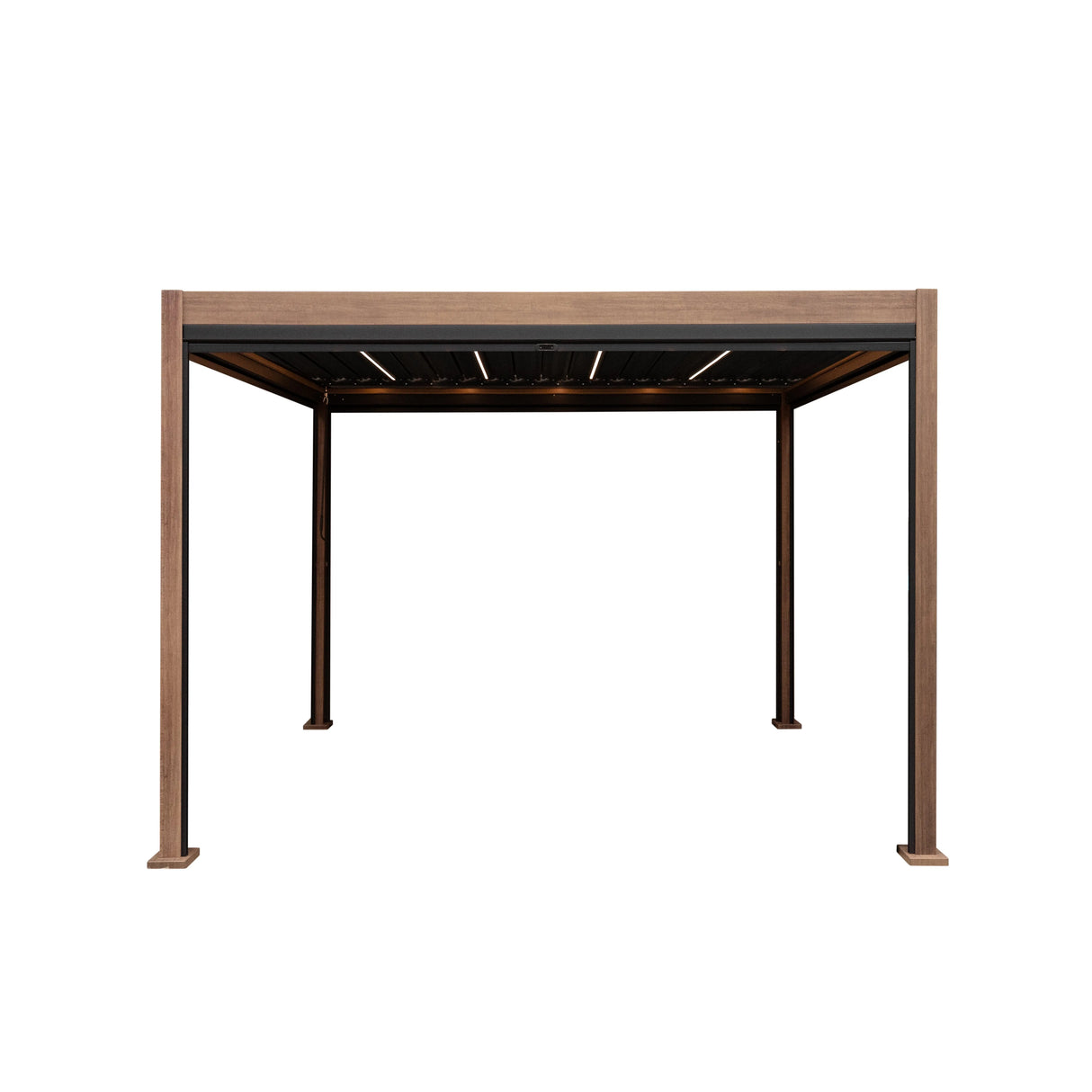 Wood Effect Aluminium Pergola With Blinds & LED Lights - 3m x 3m