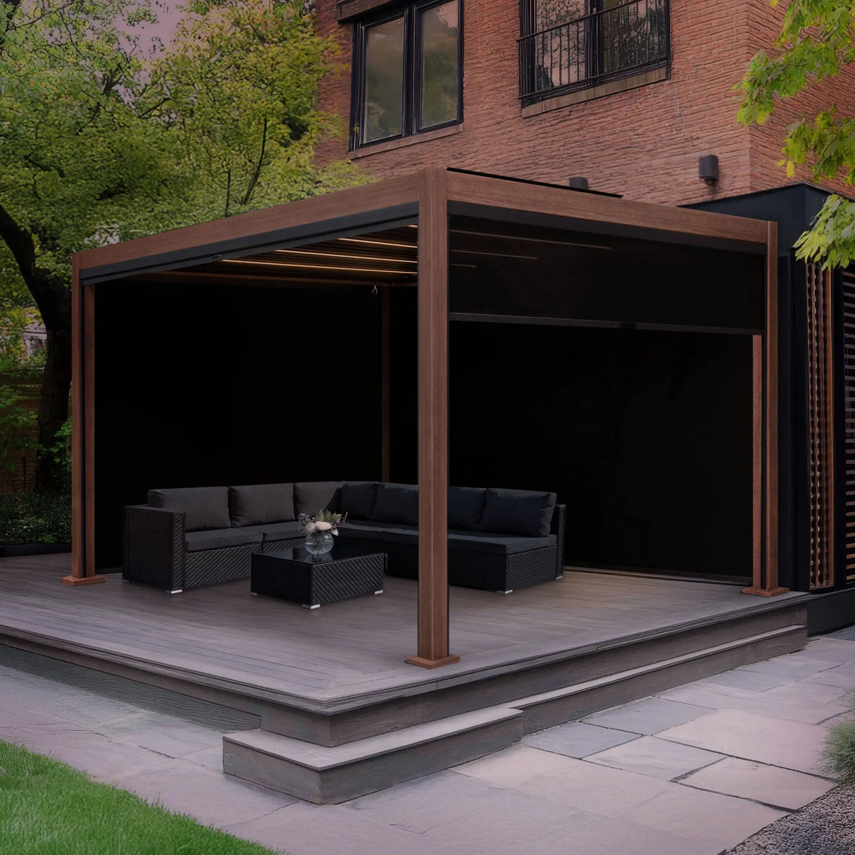 Wood Effect Aluminium Pergola With Blinds & LED Lights - 3m x 3m