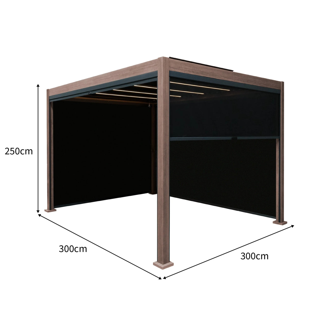 Wood Effect Aluminium Pergola With Blinds & LED Lights - 3m x 3m