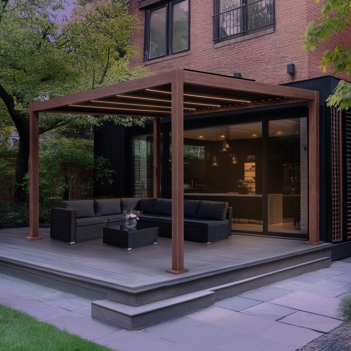 Wood Effect Aluminium Pergola With LED Lights - 4m x 3m