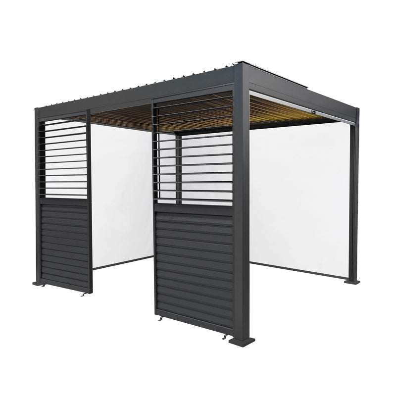 Anthracite Aluminium Pergola With White Blinds, 2 x Side Panels & LED Lights - 3m x 3m
