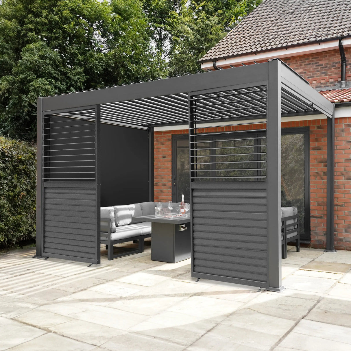 Aluminium Pergola With Anthracite Blinds, 2 x Side Panels & LED Lights - 3m x 3m