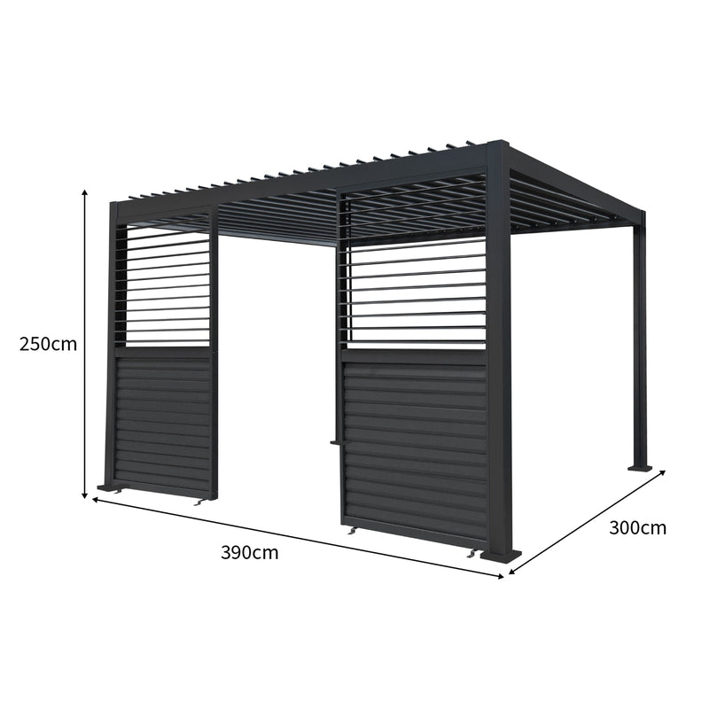 Anthracite Aluminium Pergola With LED Lights & 2 x Shutter Panels - 3m x 4m