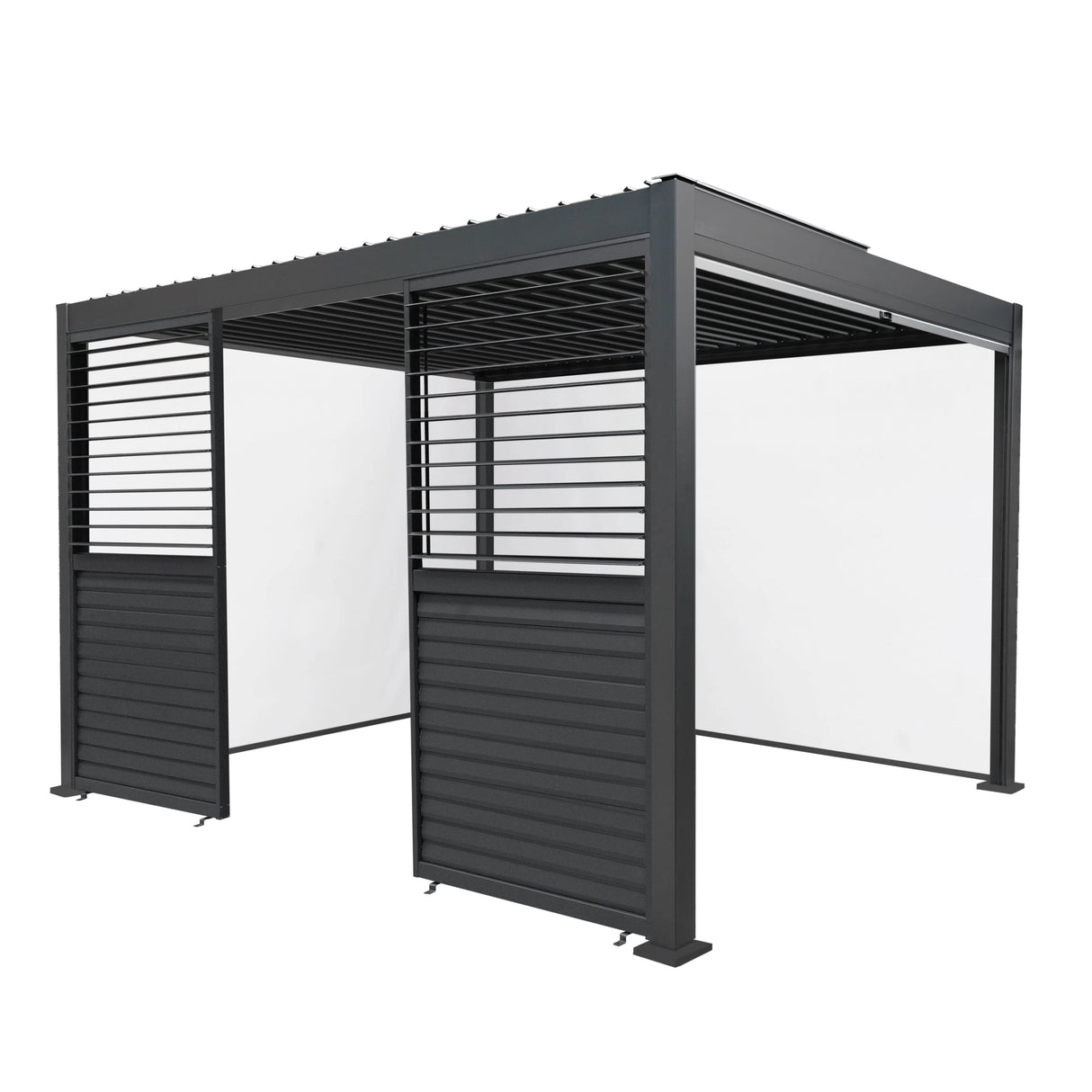 Anthracite Aluminium Pergola With White Blinds & 2 Shutter Panels - 3m x 4m
