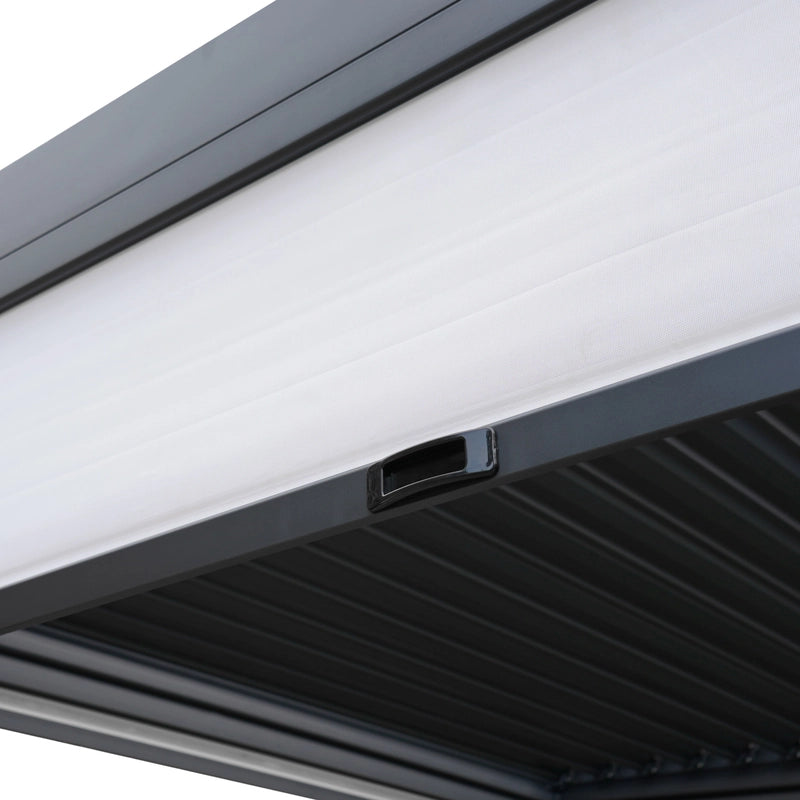 Anthracite Aluminium Pergola With White Blinds, 2 x Side Panels & LED Lights - 3m x 4m