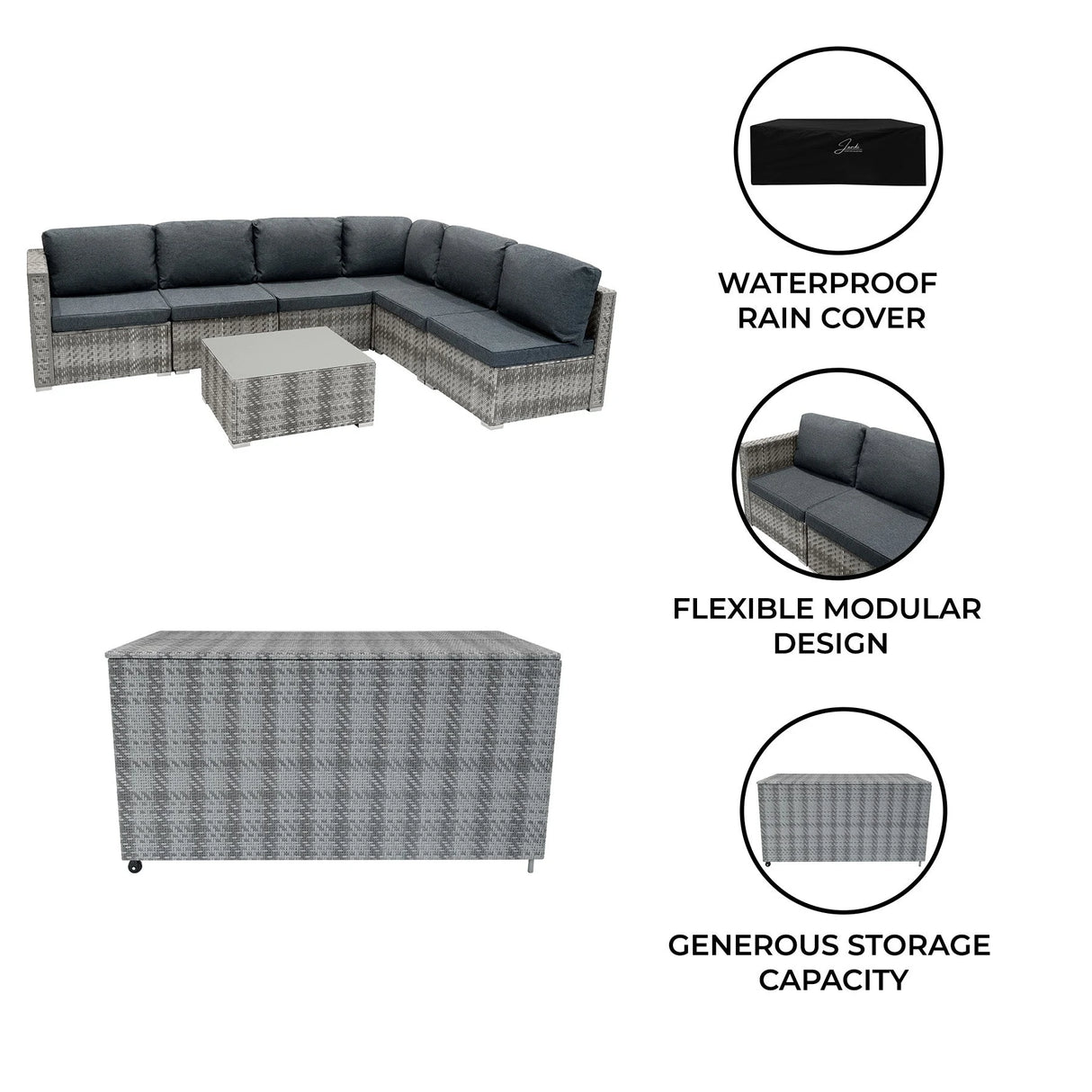 Rattan Modular 7 Piece Furniture Set & 700L Storage Box - Grey