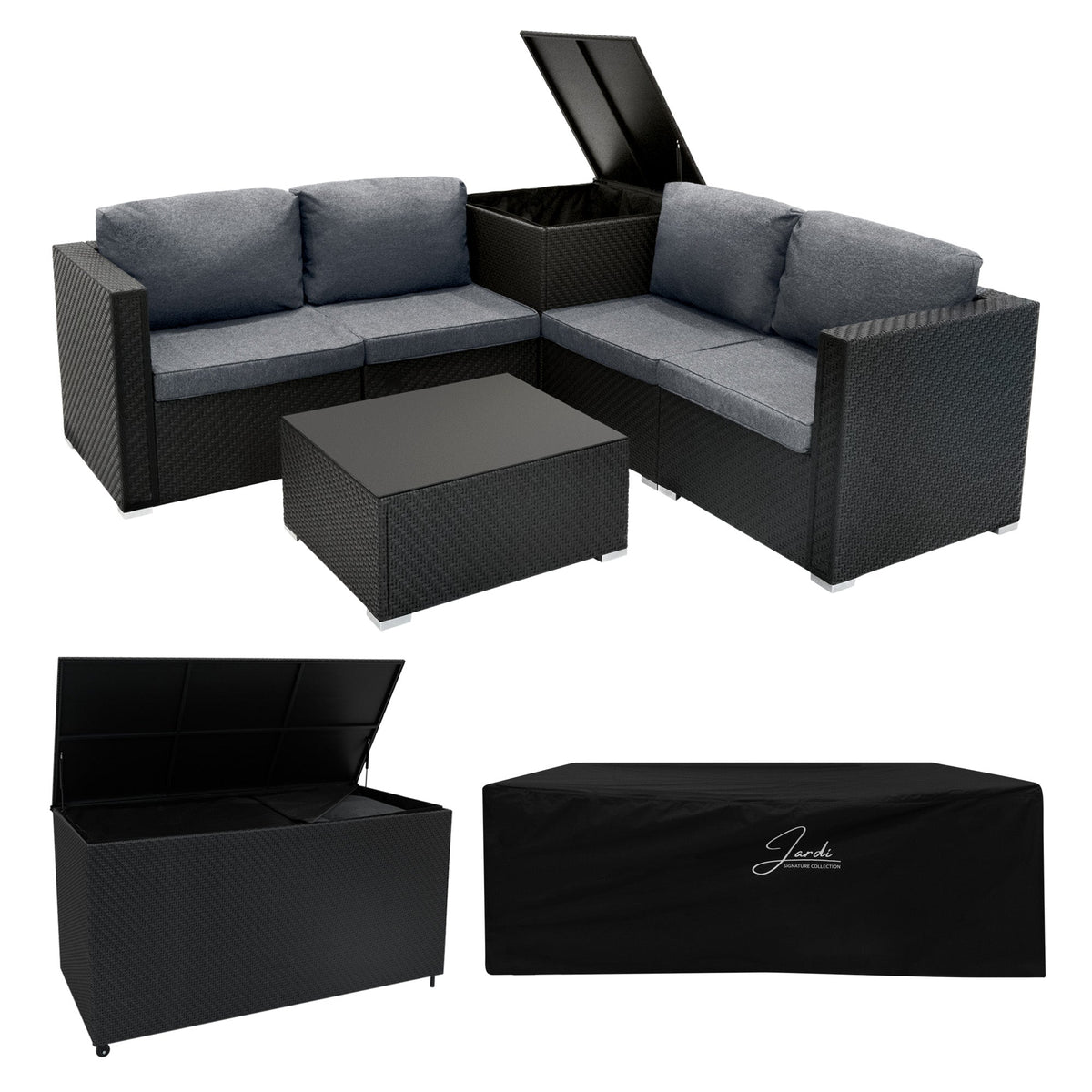 Serafina Rattan Modular 6 Piece Furniture Set & 996L Storage Box – Black