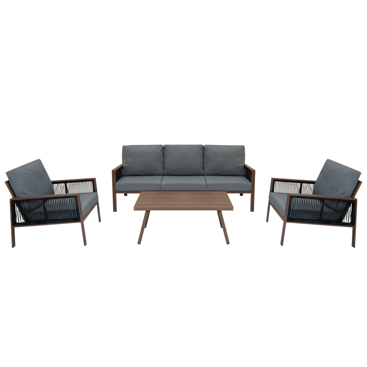 Aluminium 4 Piece Sofa Set with Black Rattan Storage Box - Wood Effect