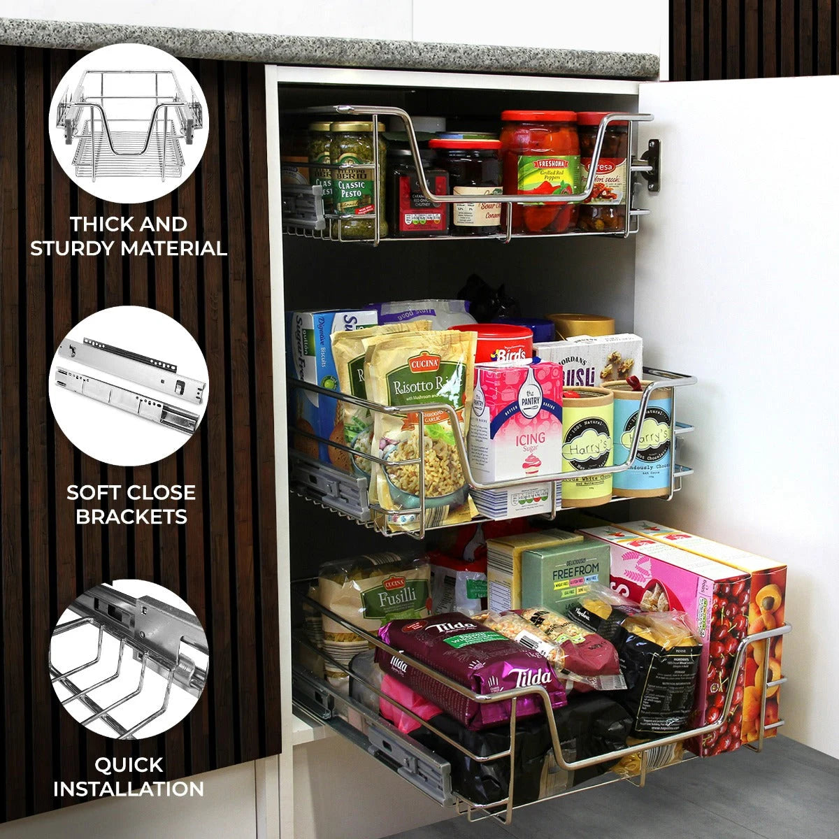 6 x KuKoo Kitchen Pull Out Storage Baskets 300mm Wide Cabinet