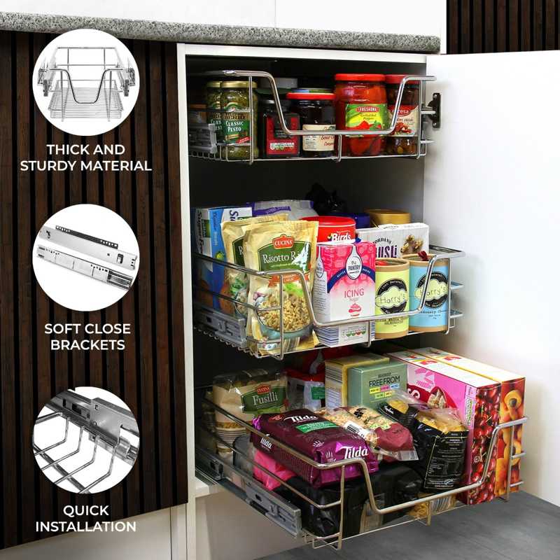 3 x KuKoo Kitchen Pull Out Storage Baskets 400mm Wide Cabinet
