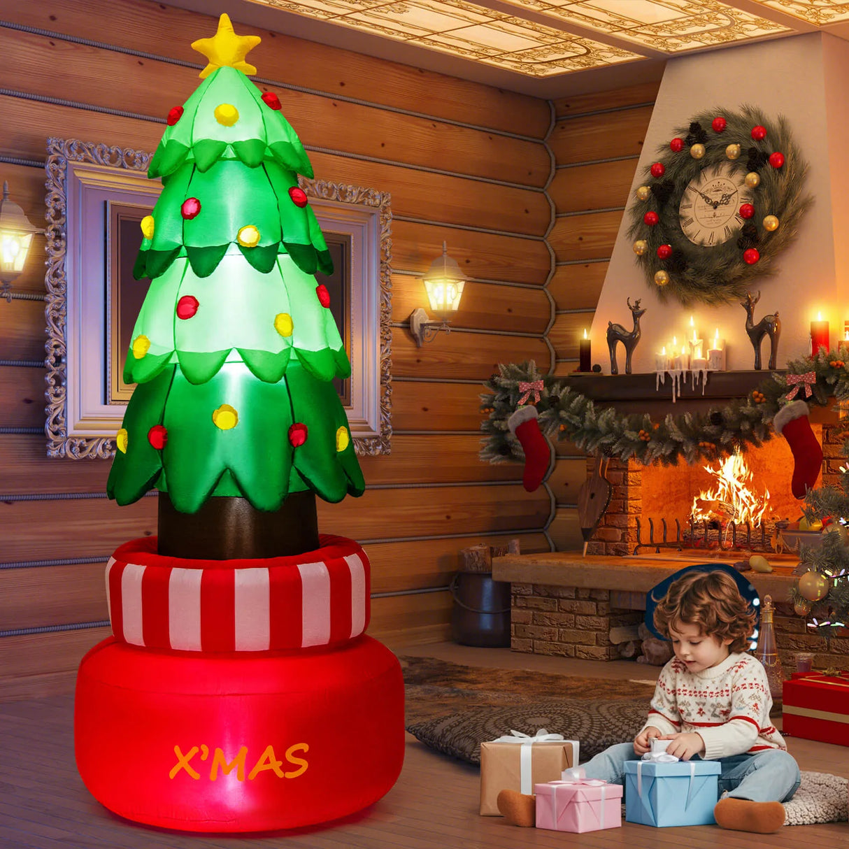 240 cm Christmas Inflatables LED Lighted Xmas Inflatable Rotating Tree