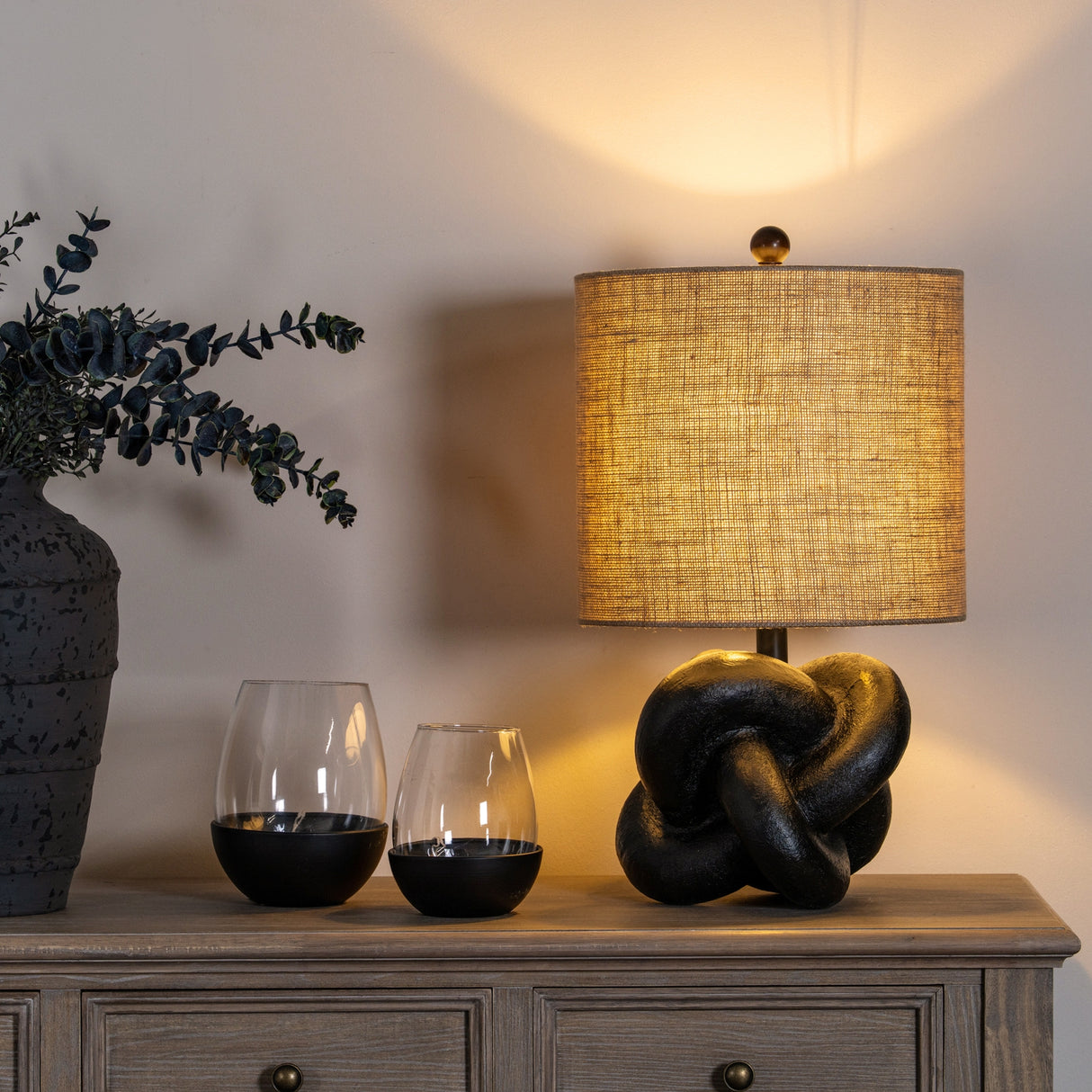 Black Knot Table Lamp With Hessian Shade
