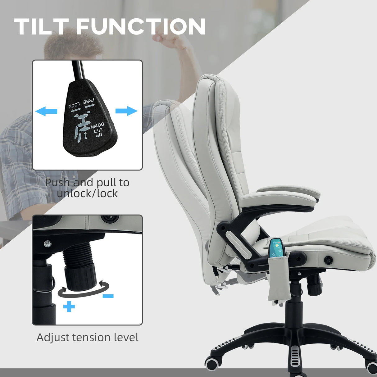 HOMCOM 6-Point Massage Office Chair with Seat Heated for Home Office, PU Leather High Back Executive Desk Chair with Adjustable Height and 360 Swivel for Work Study, Light Grey