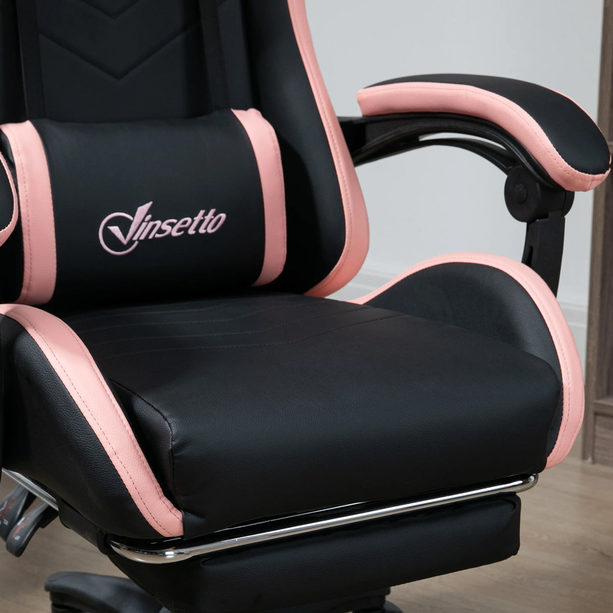 Vinsetto Computer Gaming Chair, PU Leather Office Desk Chair with Footrest, Swivel Wheels, 135 Reclining Back, Lumbar Support, Headrest for Home, Black and Pink