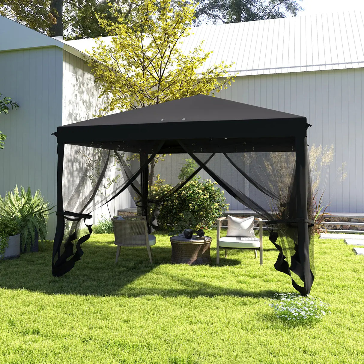 Outsunny 3 x 3 m Pop Up Gazebo, 420D Garden Tent Canopy with Removable Mesh Sidewall Netting, Carry Bag for Garden Patio Outdoor, Black