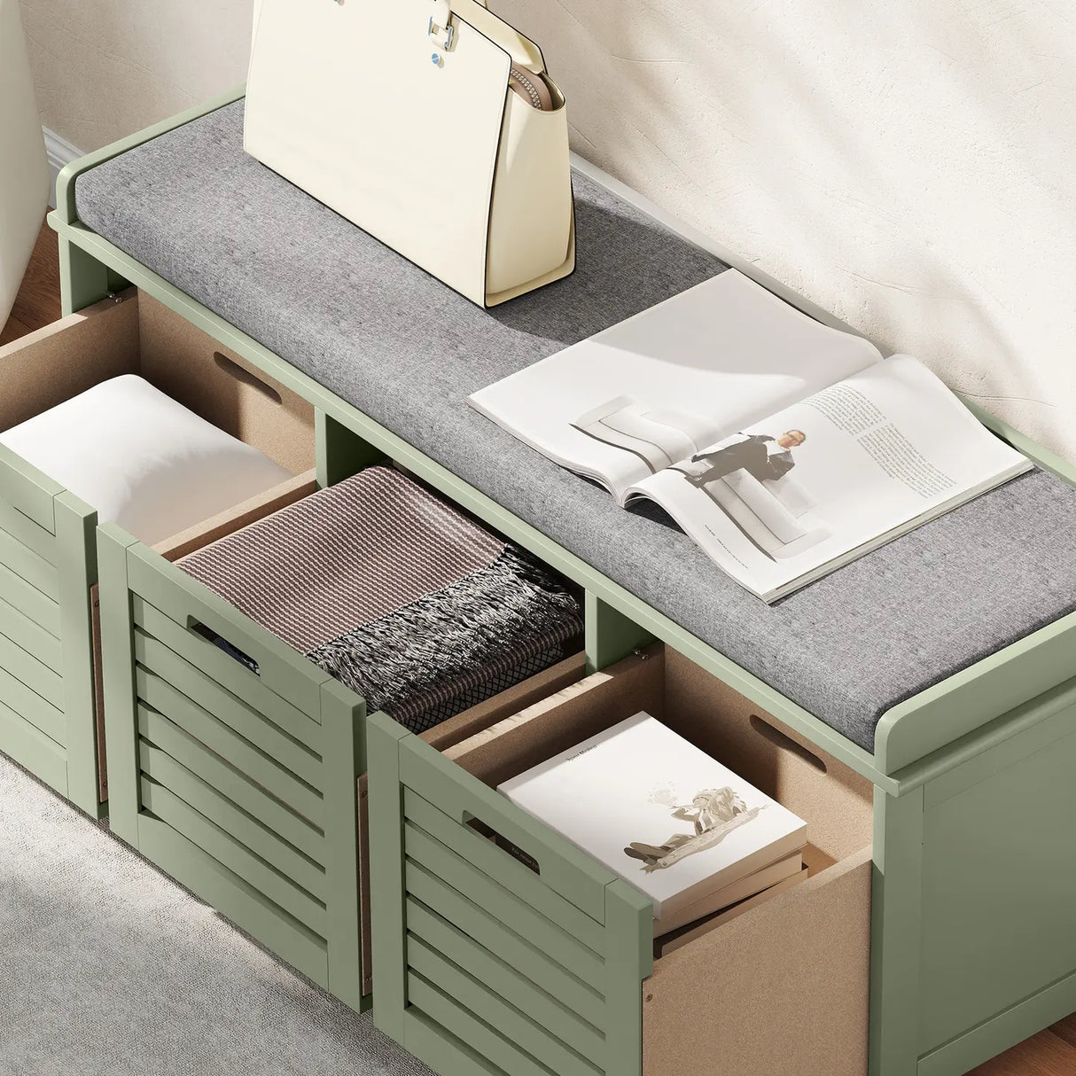 HOMCOM 3-Drawer Shoe Storage Bench - Green