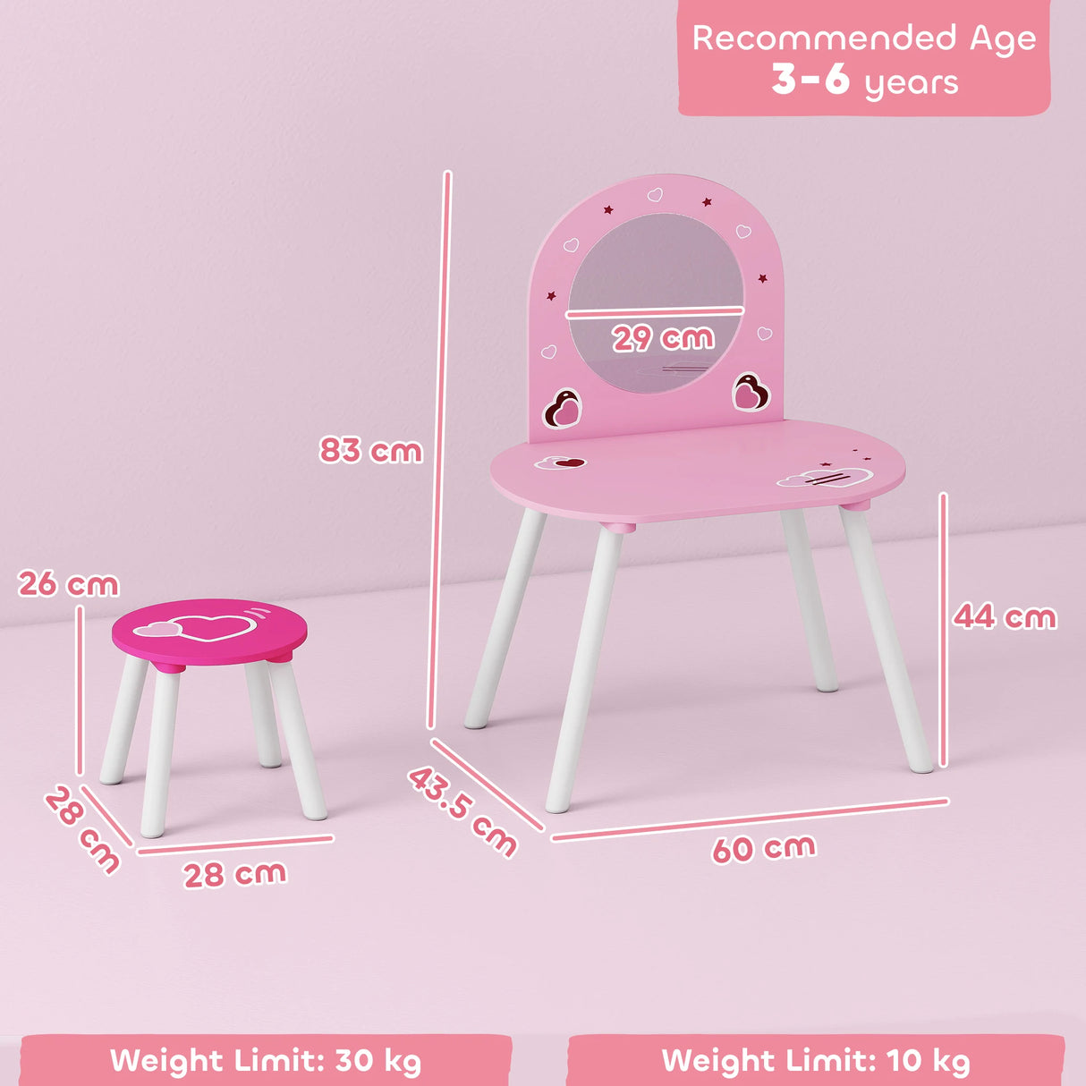 AIYAPLAY Kids Dressing Table with Mirror and Stool, Girls Vanity Set for Kids Room, Bedroom, Nursery, for Ages 36 Years, Pink