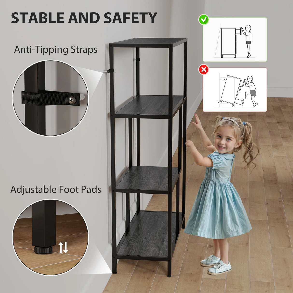 HOMCOM 4-Tier Bookshelf with Open Shelves - Charcoal Grey