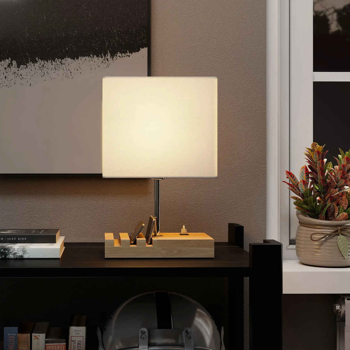 HOMCOM Bedside Lamp with USB A+C Charging Ports and 3 Phone Stands, Modern Table Lamp with Solid Wood Base and Fabric Shade for Bedroom Living Room Office, E27 Socket, Bulb Not Included, White