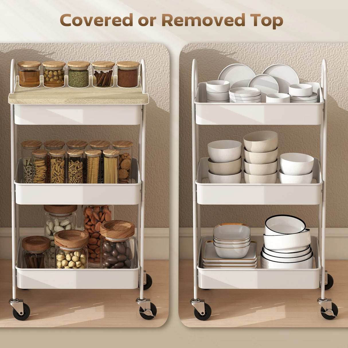 HOMCOM 3-Tier Kitchen Storage Trolley with on Wheels Cover Top Board - White and Oak