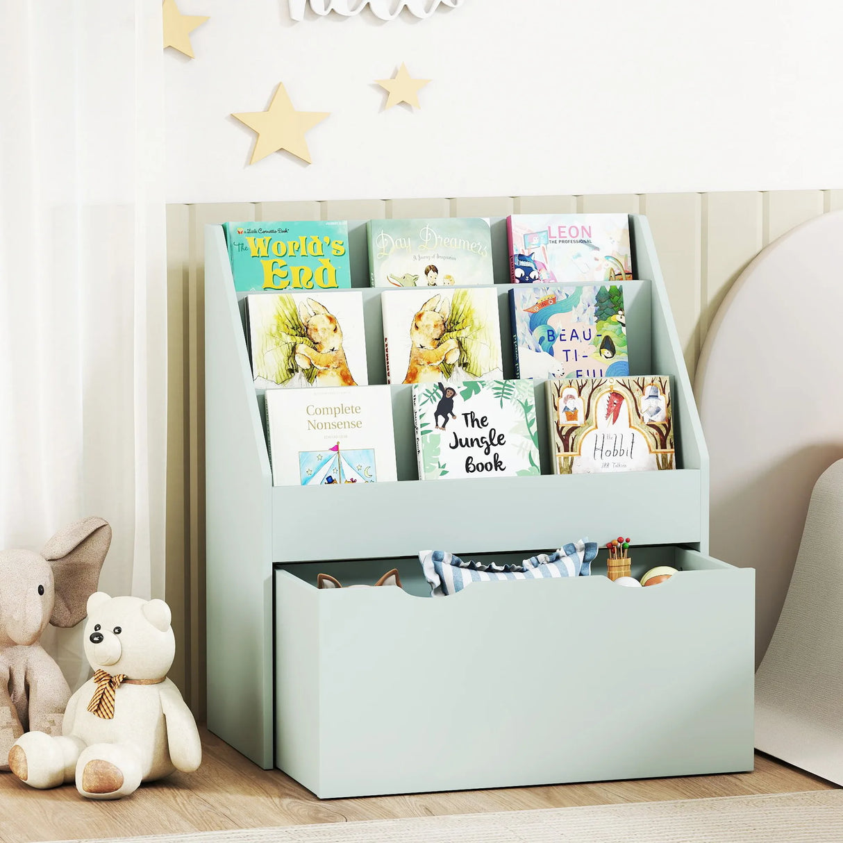 AIYAPLAY Bookcase for Kids with Shelves, Drawer, Bookcase for Bedroom, Playroom, Green