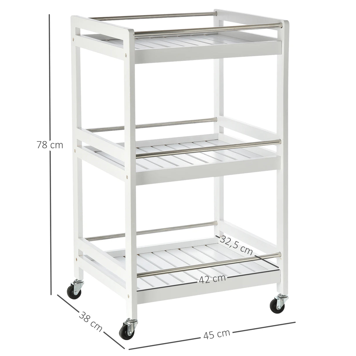 HOMCOM 3-Tier Home Trolley Kitchen Storage Cart w/ Steel Bars 4 Universal Wheels Rolling Unit Organiser Living Room White