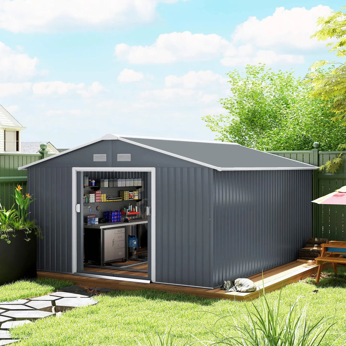 Outsunny 13 x 11ft Metal Garden Shed, Outdoor Storage Tool House with Ventilation Slots, Foundation Kit and Lockable Double Doors, Grey