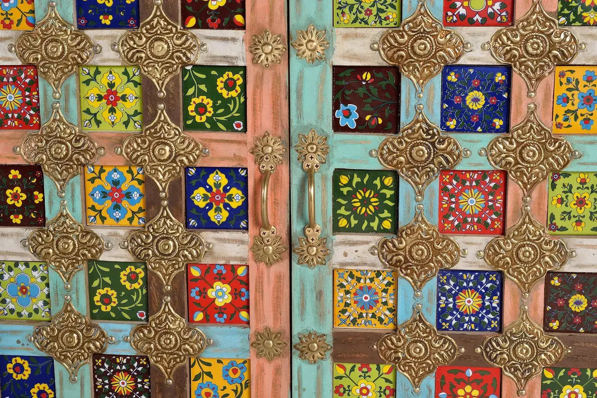 Giner and Colomer - 4-Door Mango Wood Sideboard With Metal Base & Ceramic Door Details