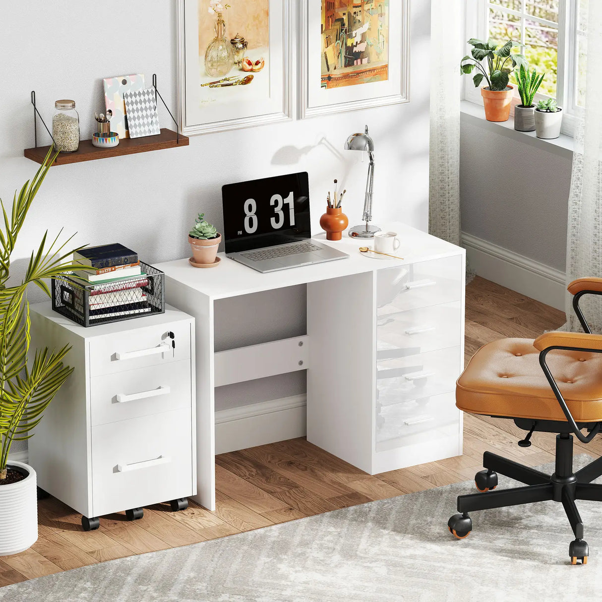 HOMCOM Computer Desk with Drawers, Dressing Table, High Gloss Home Office Writing Workstation, White