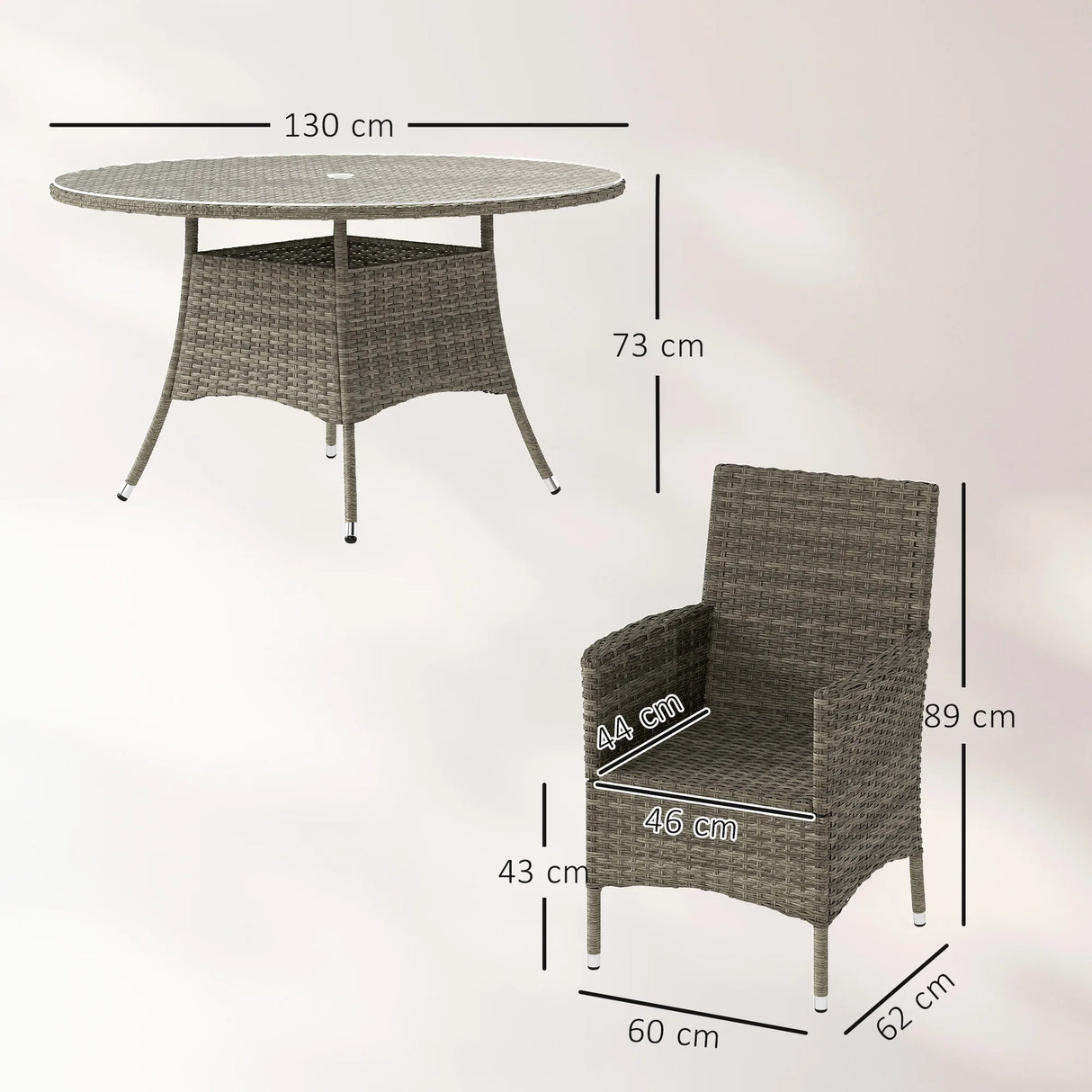 Outsunny Seven-Piece Rattan Dining Table, with Round Glass-Top Table - Light Grey
