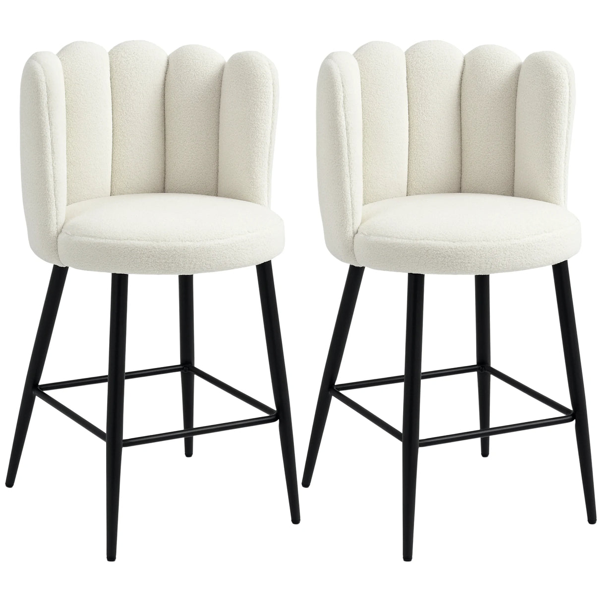 HOMCOM Bar Stools Set of 2, Faux Cashmere Upholstered Breakfast Bar Chairs, Modern Kitchen Stools with Backs, Footrest and Steel Base, Cream