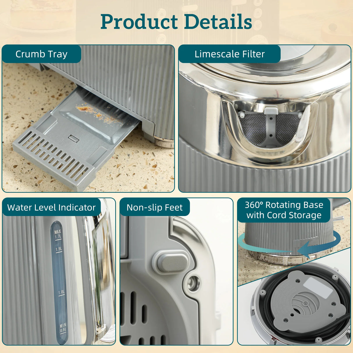 HOMCOM Electric Stainless Steel Kettle and Toaster Set, 3000W 1.7L UK Strix Thermostat Fast Boil Kettle w/ Limescale Filter, Cool Touch Body, 4 Slice Toaster with 7 Browning Levels, Crumb Tray, Tan