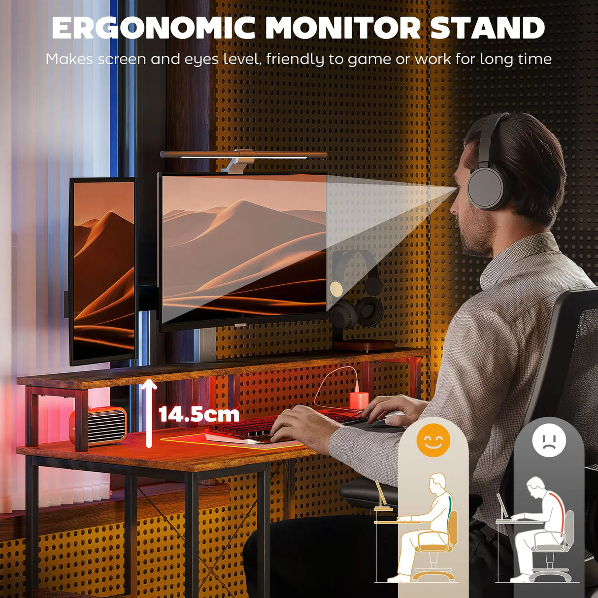 HOMCOM LED Computer Desk, with Power Outlets and Shelves - Rustic Brown