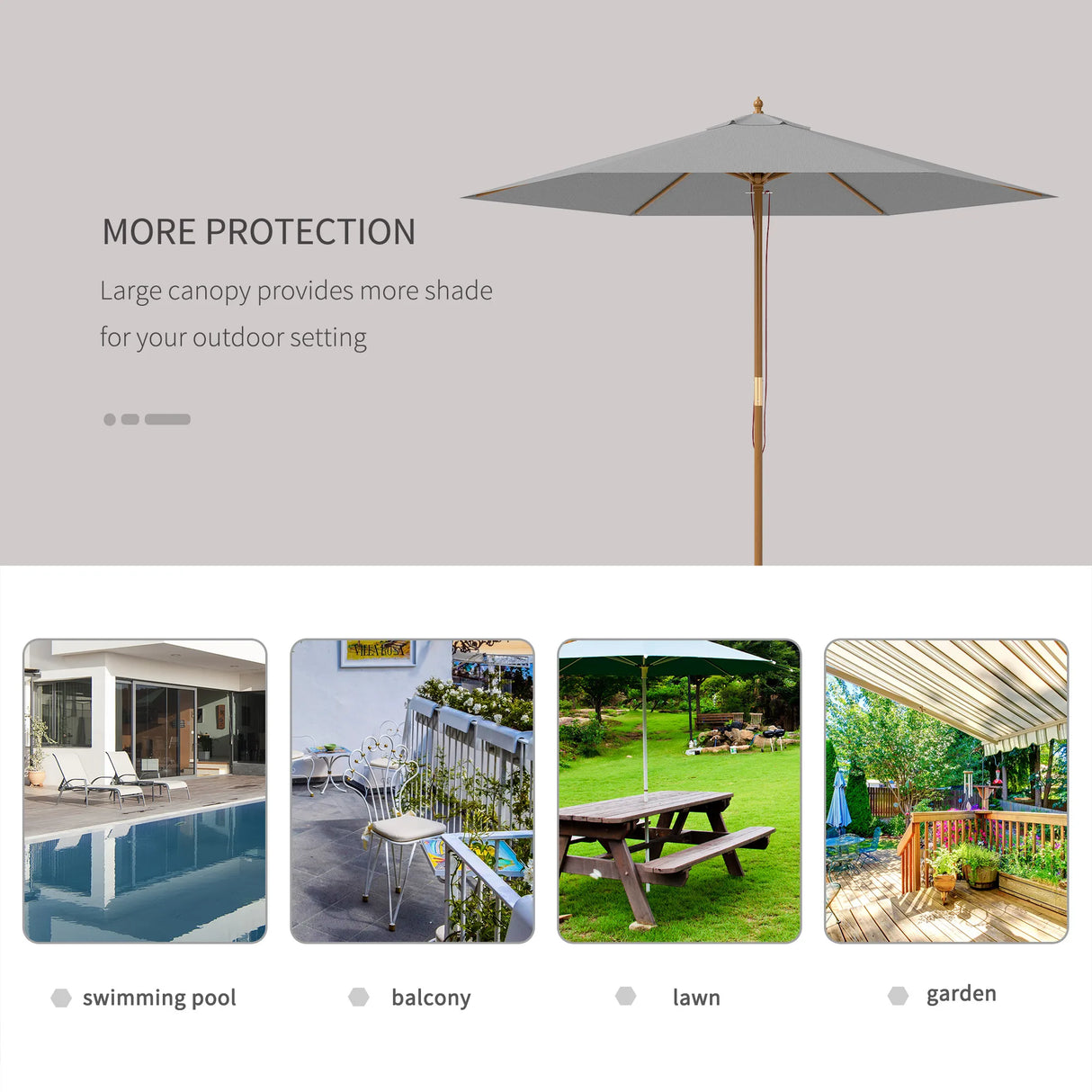 Outsunny 2.5m Wood Garden Parasol Sun Shade Patio Outdoor Wooden Umbrella Canopy, Table Market Umbrella with Vent, 38mm Pole, Rope Pulley Mechanism, Light Grey