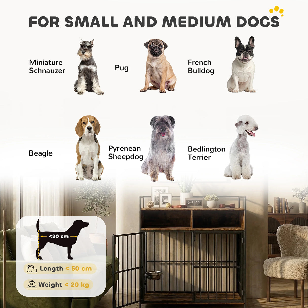 PawHut Dog Crate Furniture, Dog Cage with Rotatable Feeding Station and Storage Shelves, End Side Table Indoor Pet Kenne