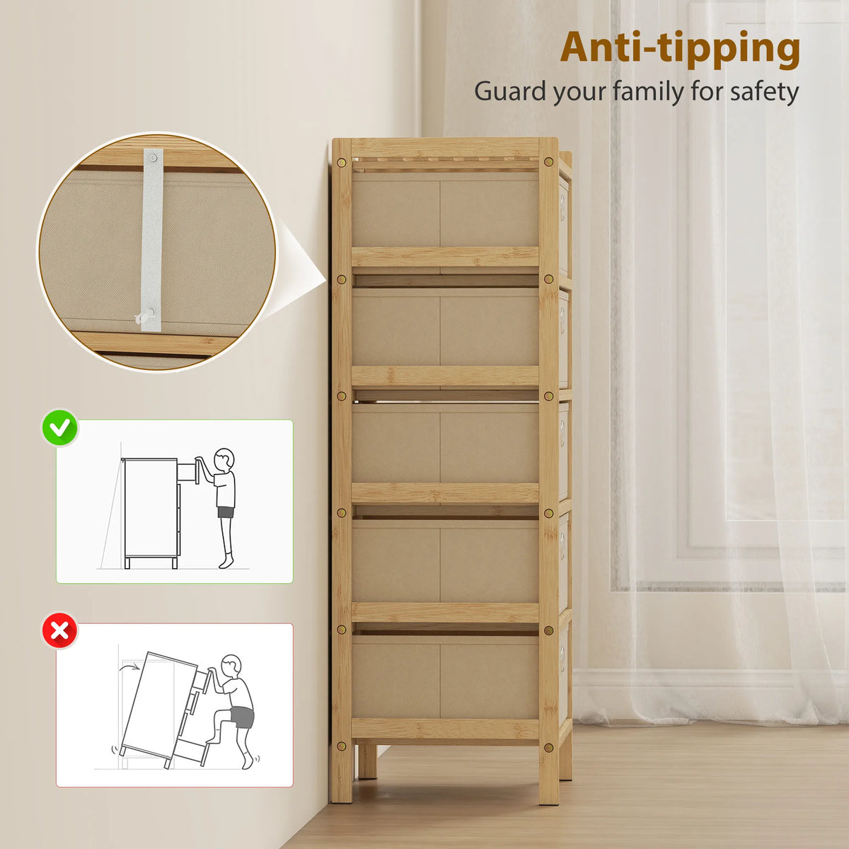 HOMCOM Chest of Drawers, 5 Fabric Drawers Narrow Dresser with Bamboo Frame, Cream White