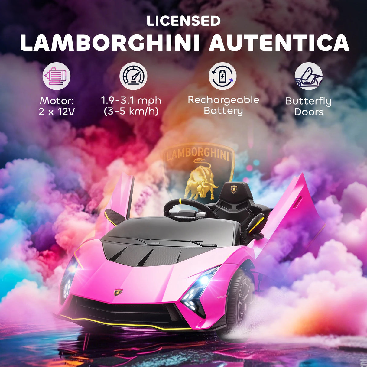 AIYAPLAY 12V Lamborghini Autentica Licensed Kids Electric Car with Remote Control, 4 Suspension Wheels, Soft Start, Pink
