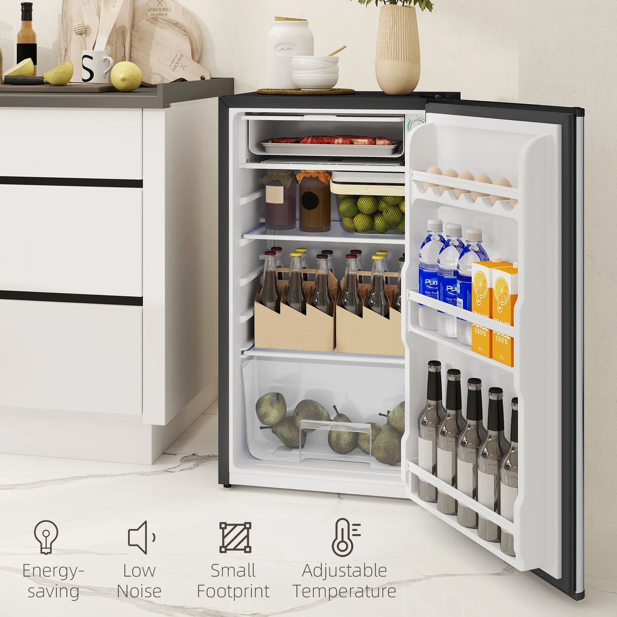 HOMCOM 91 Litre Freestanding Under Counter Fridge Freezer, Small Fridge with Chiller Box, Adjustable Thermostat, 47.5cm Wide, Silver Tone