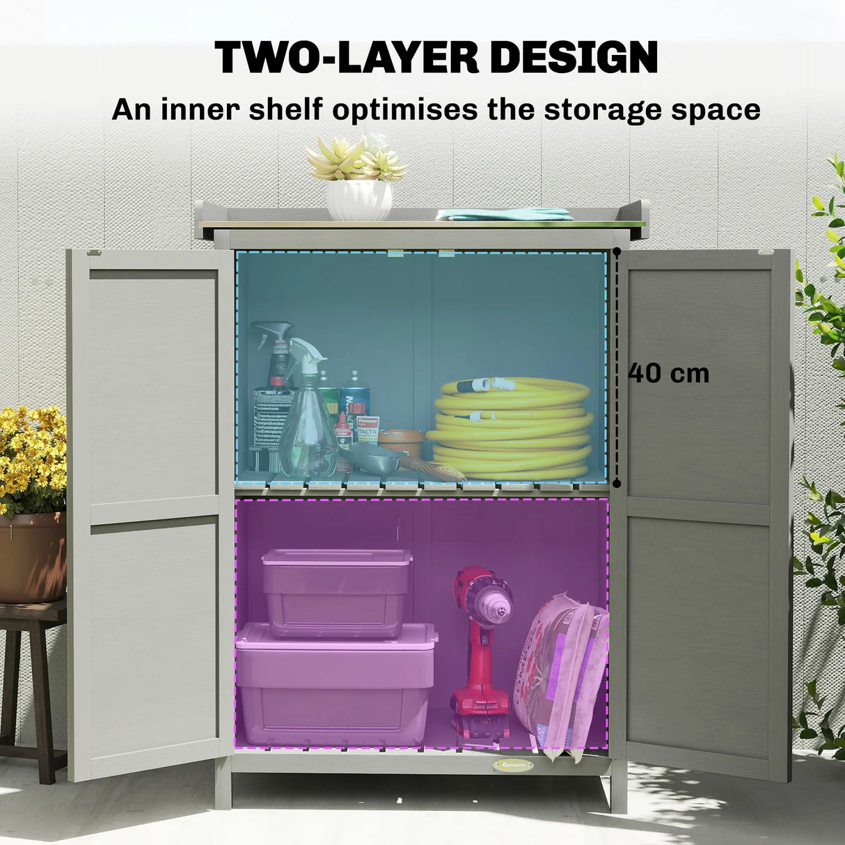 Outsunny Wooden Garden Shed, Garden Tool Storage Shed with Shelf and Side Hooks, 71.5 x 39 x 95 cm, Grey