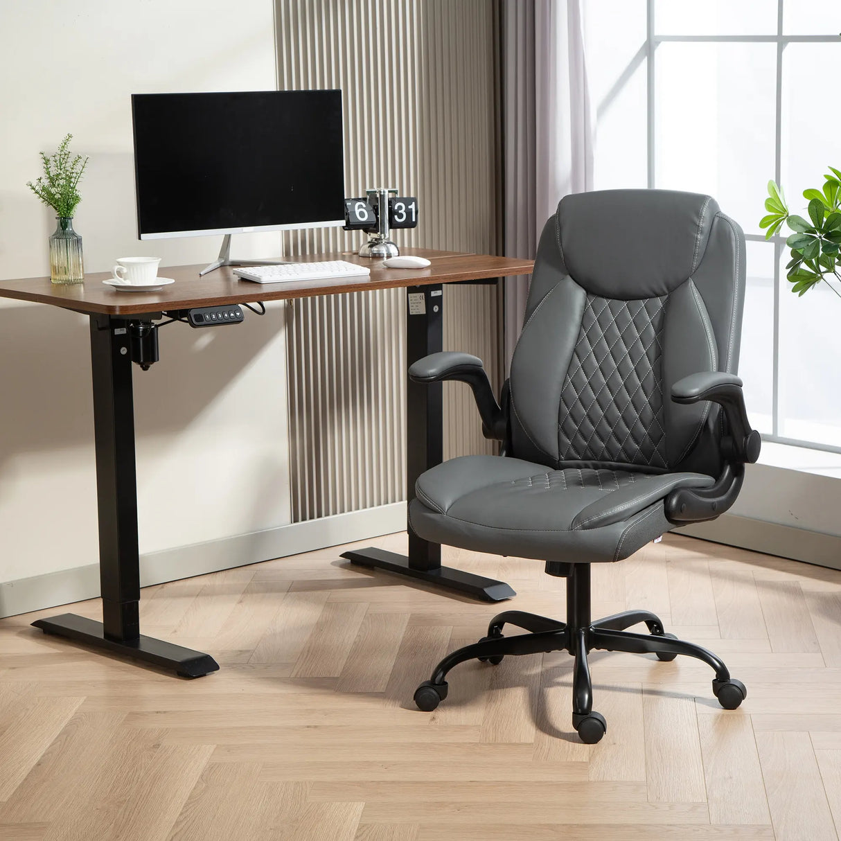HOMCOM Faux Leather Office Chair. with Flip-Up Armrests - Charcoal Grey