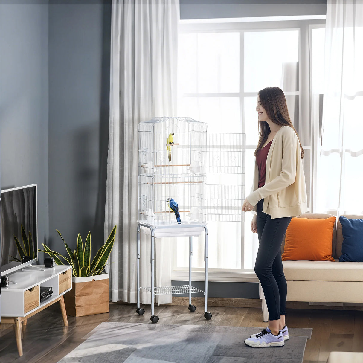 PawHut Bird Cage Budgie Cages for Finch Canary Parakeet with Stand Wheels Slide-out Tray Accessories Storage Shelf, White 46.5 x 36 x 157 cm