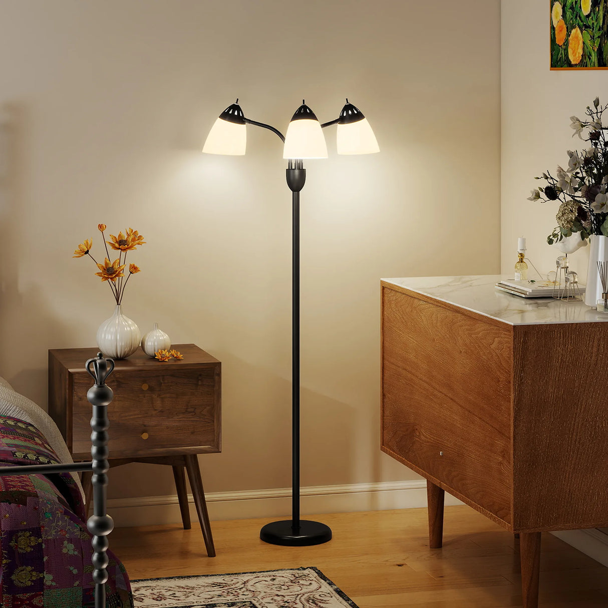 HOMCOM Arc Tree Floor Lamp with 3 Adjustable Rotating Lights and 3000K/4500K/6500K Colour Temperatures, Industrial Standing Lamp with Steel Frame for Bedroom Living Room, 155cm, Black