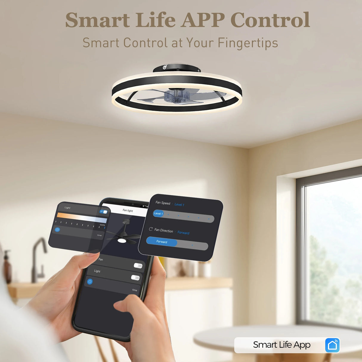 HOMCOM Ceiling Fan with Light and Remote, LED Mount Ceiling Fan with 3 Colour Temperatures, 6 Speed, 50 cm, Black