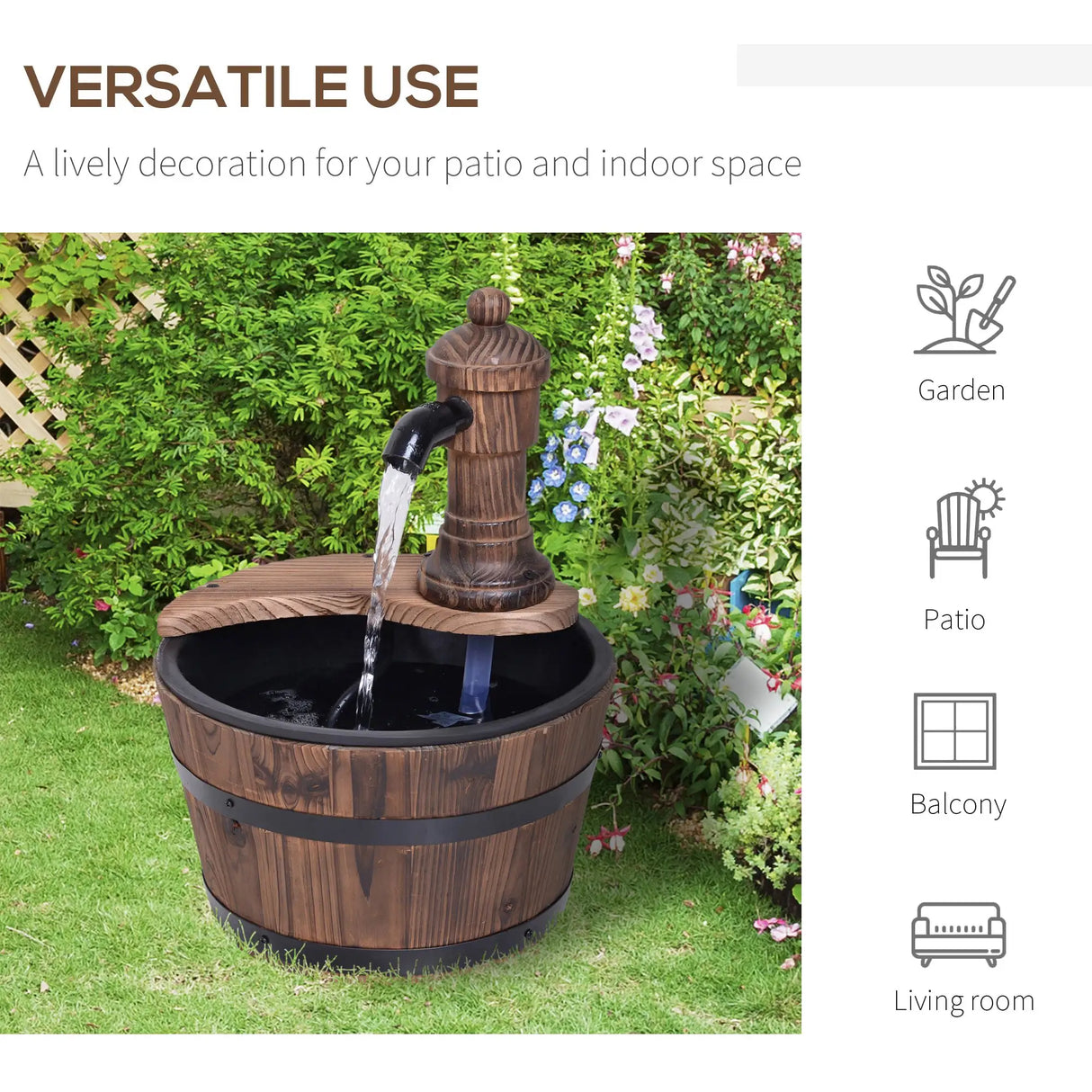 Outsunny Wood Barrel Patio Water Fountain Garden Decorative Ornament Water Feature with Electric Pump (Type A)