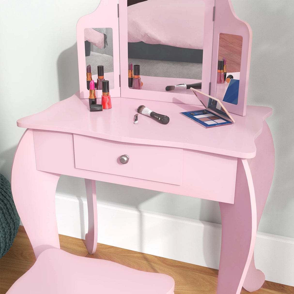 HOMCOM Kids Vanity Table and Chair Set with Tri-Folding Mirror and Stool, Makeup Dressing Table with Drawer, Pink