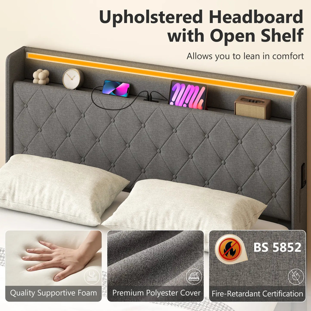 HOMCOM 5ft King Bed Frame with Headboard, Platform Bed Frame with Hydraulic Storage, LED Lights and Charging Station, Grey