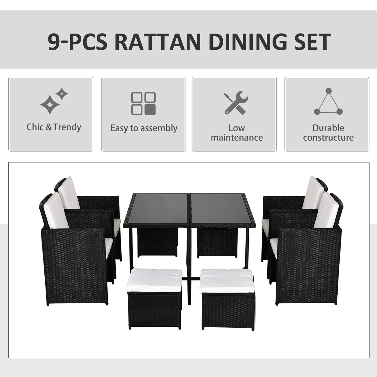Outsunny 9 Piece Rattan Cube Garden Furniture Dining Set with Armchairs, Footstools and Glass-Top Table, Black