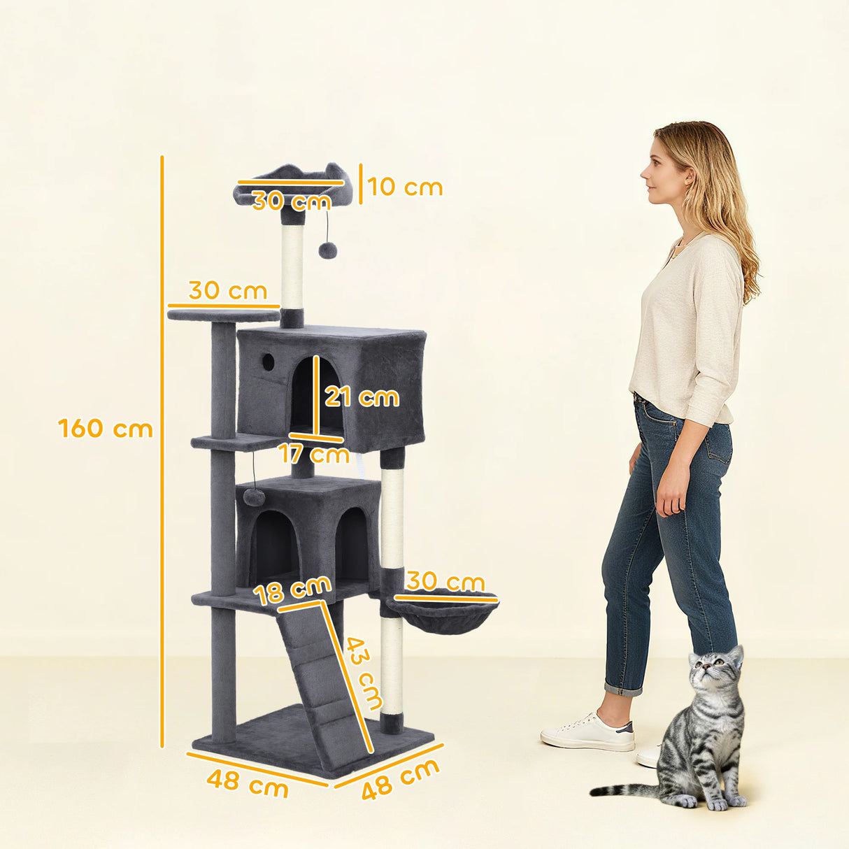 PawHut 160cm Large Cat Tree Tower with Sisal Scratching Posts, Condos, Plush Perches, Hammock, Ladder, Dark Grey