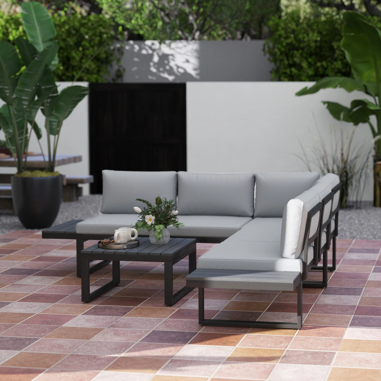 Outsunny 4 Pieces Garden Furniture Set, 5-Level Reclining Garden Corner Sofa Set, Outdoor Lounge Conversation Sectional with Cushions, Wood Effect Plastic Table, Black Frame & Light Grey Cushion